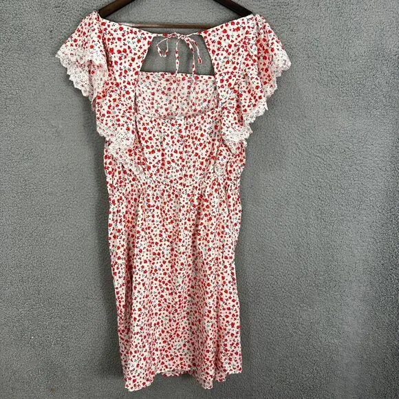 Old navy dress womens 2X ivory red floral lace pockets ruffle boho cottagecore - Picture 7 of 9